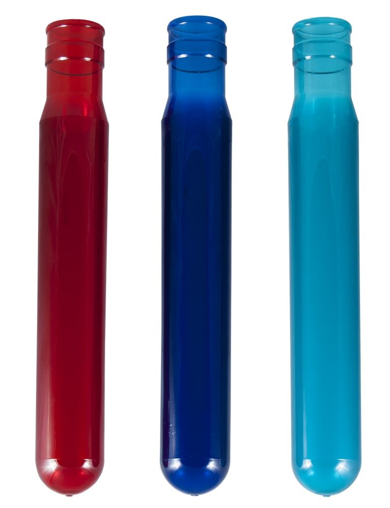 Pré-forma PET de 750 gr. Sem bisfenol-A disponível em azul, vermelho ou turquesa.