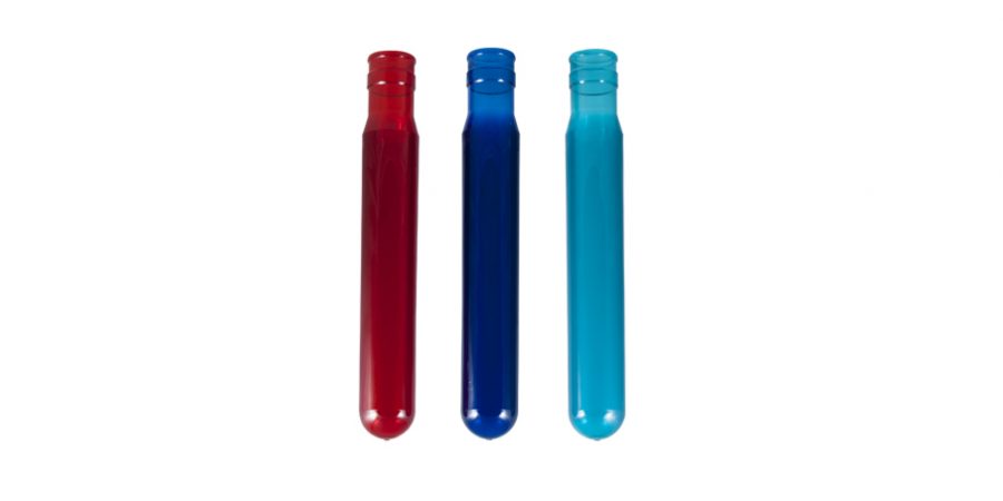 Pré-forma PET de 750 gr. Sem bisfenol-A disponível em azul, vermelho ou turquesa.