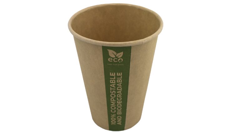 Copo de papel PLA. Copo feito de celulose com camada PLA totalmente biodegradável e compostável. Amigo do ambiente.